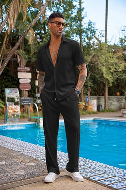 Men's Soft Knit Black Short Sleeve Button Shirt & Pants Set