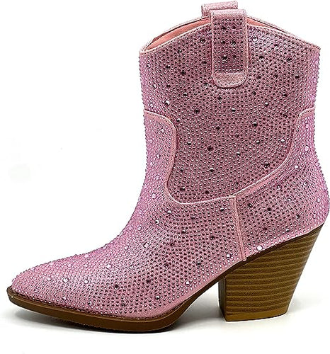 Rhinestone Studded Sequin Pink Rhinestone-01 Ankle Boots