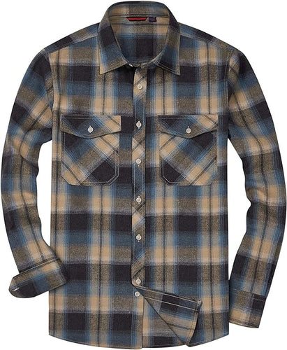 Men's Plaid Flannel Brown/Beige Long Sleeve Button Down Casual Shirt