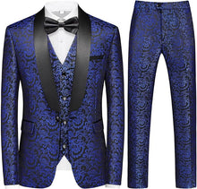 Load image into Gallery viewer, Men&#39;s Black/Purple Tuxedo Shawl Collar Paisely 3pc Formal Suit