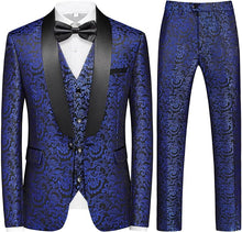 Load image into Gallery viewer, Men&#39;s Black/Blue Tuxedo Shawl Collar Paisely 3pc Formal Suit