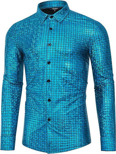 Men's Blue Metallic Long Sleeve Button Down Shirt