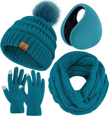 Winter Knit Teal Beanie Hat, Scarf, Ear Muff & Gloves Set
