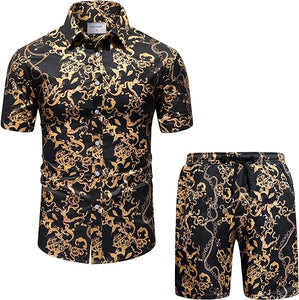 Men's Luxury Printed Black & White Baroque Short Sleeve Shirt & Shorts Set