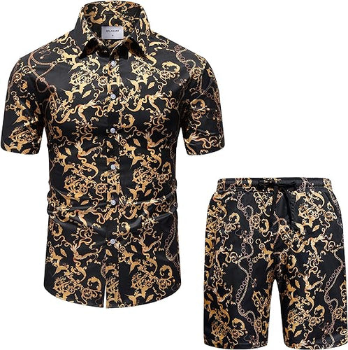 Men's Luxury Black Gold Floral Short Sleeve Shirt & Shorts Set