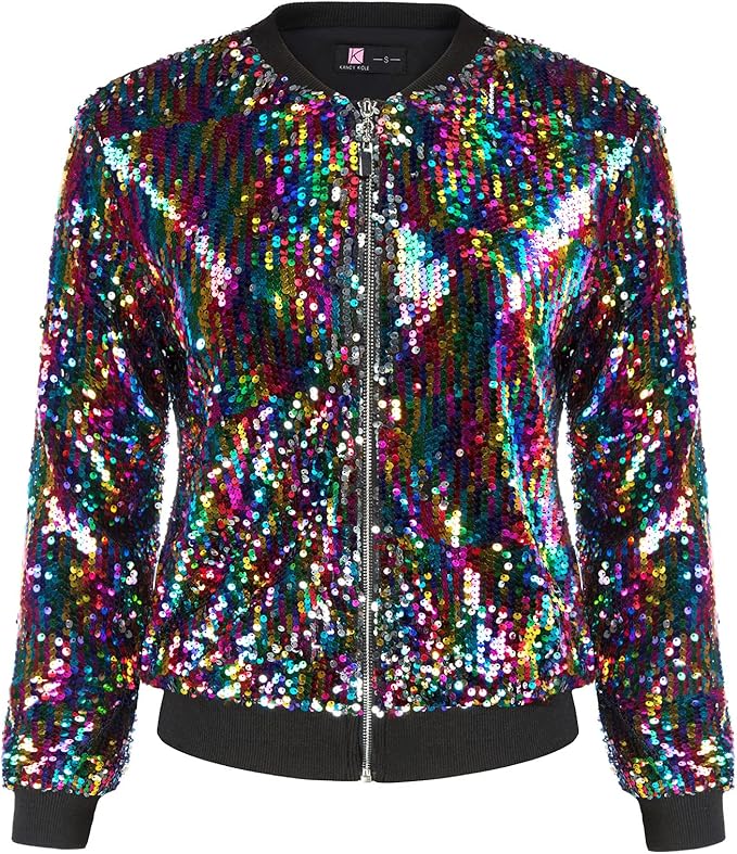 Multicolor Sequin Embellished Bomber Long Sleeve Jacket