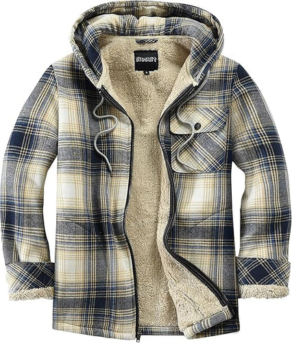 Men's Hooded Plaid Blue Line Flannel Jacket