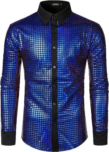 Men's Blue Metallic Long Sleeve Shiny Disco Shirt