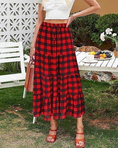 Summer Picnic Red/Black Plaid Ruffled Maxi Skirt