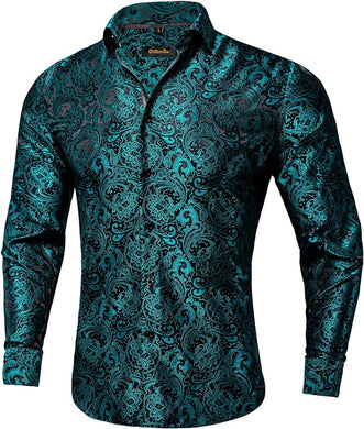 Men's Luxury Silk Teal Black Paisley Long Sleeve Shirt