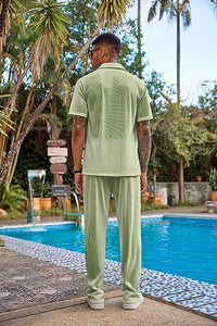 Men's Soft Knit Green Short Sleeve Button Shirt & Pants Set
