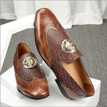 Load image into Gallery viewer, Men&#39;s Leather Brown Chevron Gold Lion Loafer Dress Shoes