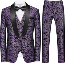Load image into Gallery viewer, Men&#39;s Black/Silver Tuxedo Shawl Collar Paisely 3pc Formal Suit