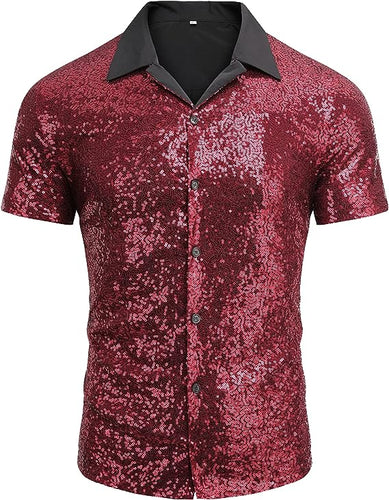 Men's Red Sequin Polo Style Short Sleeve Shirt