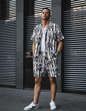 Load image into Gallery viewer, Men&#39;s Black/White Print Summer Button Up Shorts &amp; Shirt Set