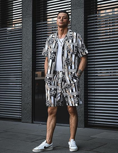 Men's Black/White Print Summer Button Up Shorts & Shirt Set