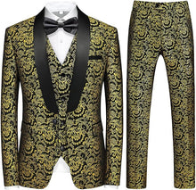 Load image into Gallery viewer, Men&#39;s Black/Gold Tuxedo Shawl Collar Paisely 3pc Formal Suit