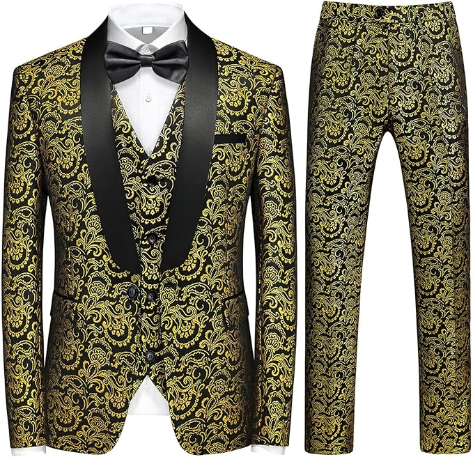 Men's Black/Gold Tuxedo Shawl Collar Paisely 3pc Formal Suit