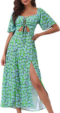 Load image into Gallery viewer, Floral Green Lace Up Short Sleeve Maxi Dress