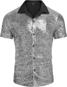 Men's Black Sequin Polo Style Short Sleeve Shirt