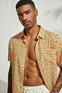 Men's Printed Button Up Short Sleeve Summer Orange Shirt