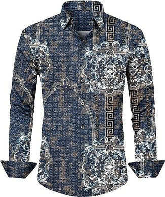 Men's Fashion Luxury Printed Blue Floral Long Sleeve Shirt