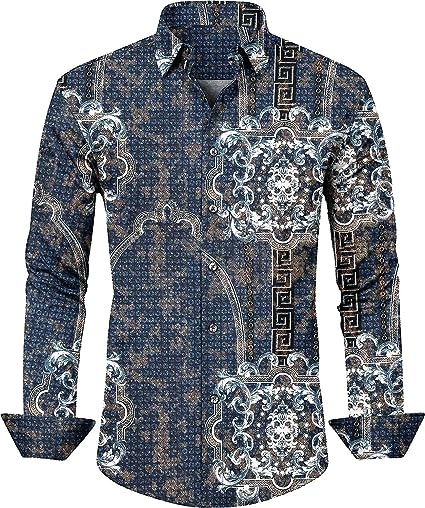 Men's Fashion Luxury Printed Blue Floral Long Sleeve Shirt