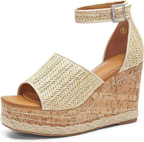 Summer Beige Ankle Strap Cork Sole Wedge Sandals