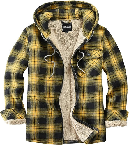 Men's Sherpa Black & Yellow Plaid Hooded Long Sleeve Jacket