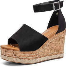 Load image into Gallery viewer, Summer Black Ankle Strap Cork Sole Wedge Sandals