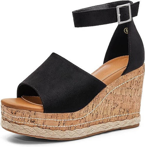 Summer Black Ankle Strap Cork Sole Wedge Sandals