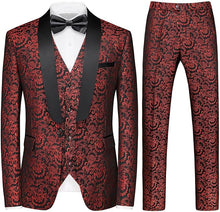 Load image into Gallery viewer, Men&#39;s Black/Red Tuxedo Shawl Collar Paisely 3pc Formal Suit