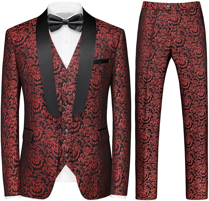 Men's Black/Red Tuxedo Shawl Collar Paisely 3pc Formal Suit