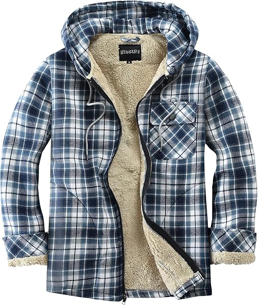 Men's Hooded Plaid Light Blue Flannel Jacket