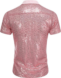 Men's Silver Sequin Polo Style Short Sleeve Shirt