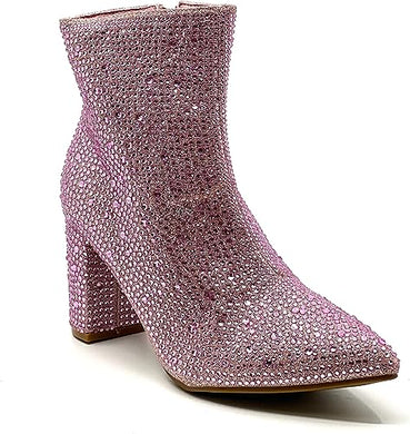 Rhinestone Studded Sequin Pink Rhinestone Ankle Boots