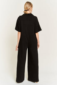 Cargo Black Basic Collar Shirt Wide leg Jumpsuit