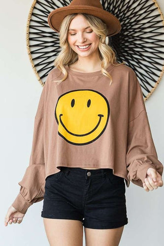 Smiley Face Mocha Long Sleeve Crop Top