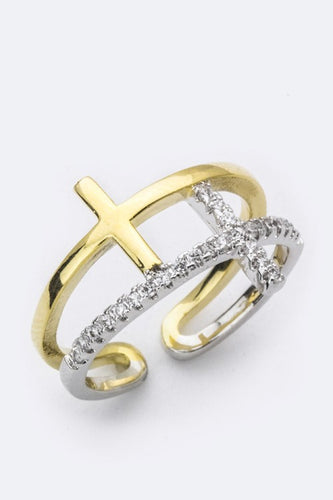 2 Tone CZ Crosses Ring