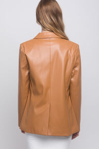 Women's Camel Long Sleeve Faux Leather Blazer