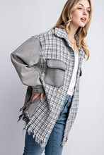 Load image into Gallery viewer, Tweed Mixed Charcoal Denim Jacket with Fringed Hem