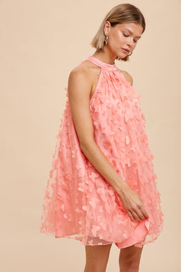 Beautiful Tulle Pink Mesh Halter Mini Dress