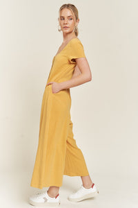 Plus Size Mustard Yellow Linen Button Down Wide Leg Jumpsuit