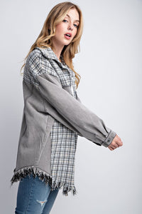 Tweed Mixed Charcoal Denim Jacket with Fringed Hem