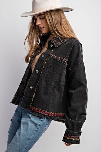 Embroidered Black Wash Cotton Jacket