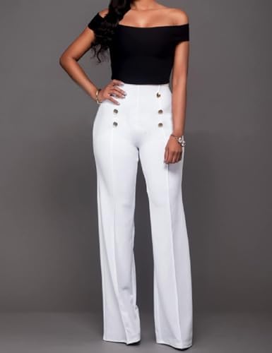 White Sailor Chic Gold Button Bootcut Pants