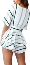 Load image into Gallery viewer, Wrap Style Striped White/Khaki Belted Shorts Romper