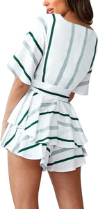 Wrap Style Striped White/Khaki Belted Shorts Romper