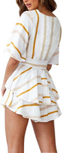 Load image into Gallery viewer, Wrap Style Striped White/Khaki Belted Shorts Romper