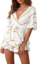 Load image into Gallery viewer, Wrap Style Striped White/Khaki Belted Shorts Romper